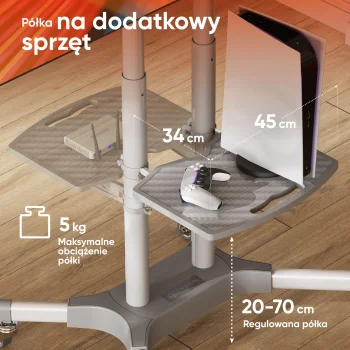 TS-1351 fehér gurulós TV állvány 32"–65"-os képernyőkhöz, fém váz polccal és kerekekkel