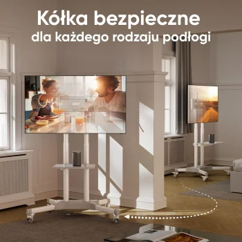 Fehér, kerekes TS-1351 TV állvány 32–65 hüvelykes tévékhez polccal